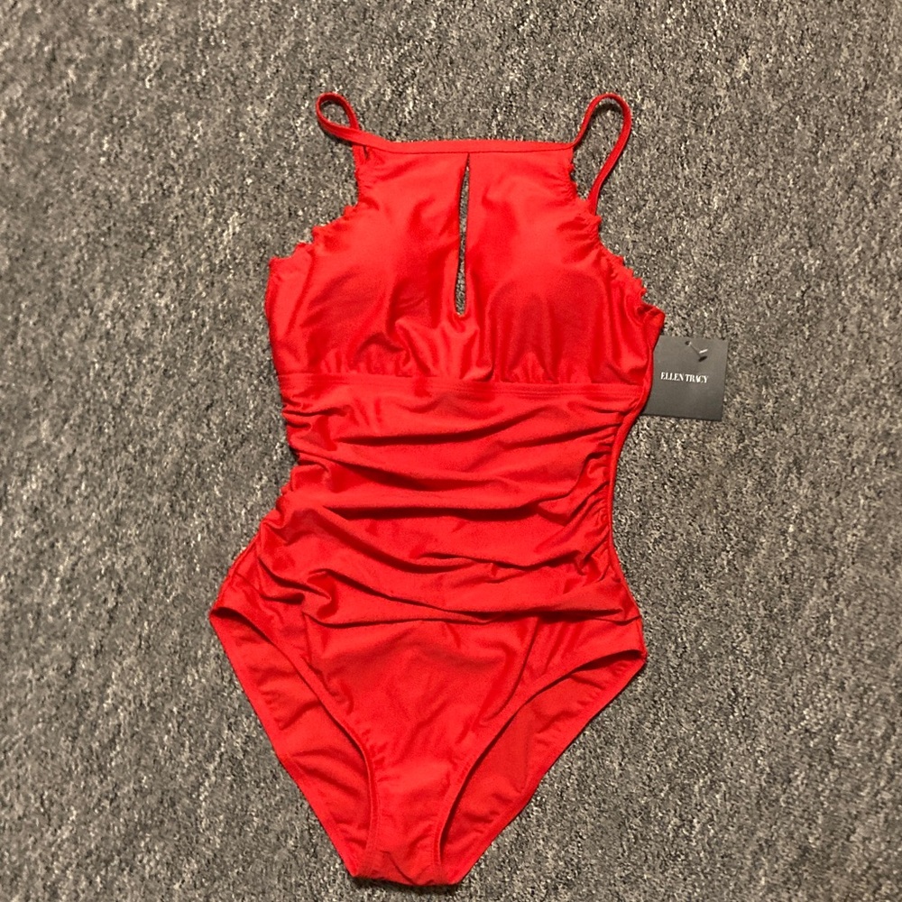 Ellen Tracy Red One-Piece Swimsuit with Keyhole Front